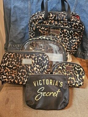 Victoria's Secret Leopard Print Cosmetic Bag Set - Black, Brown & Gold Accents